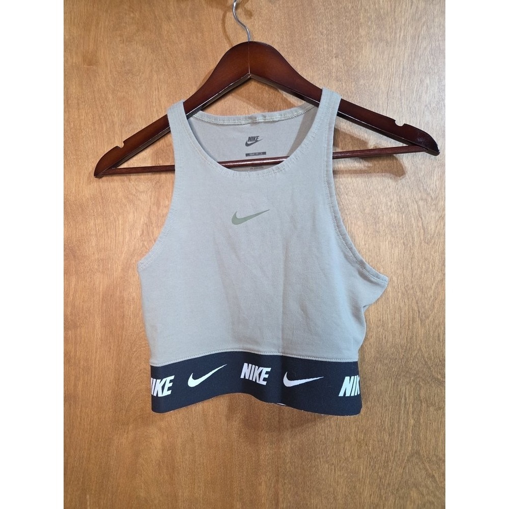 Nike Womens Size Small Gray Cropped Tank Top High Neck Logo Band Sporty Athletic